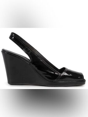 Prada Black Patent Slingback Peep-Toe Wedge Pumps